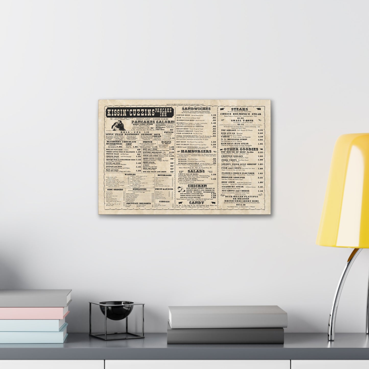 Kissin' Cuzzins Pancake Inn - Vintage Menu on Canvas