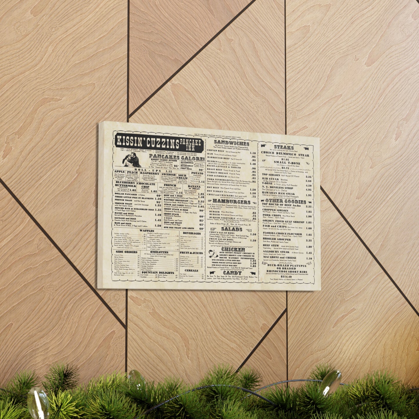 Kissin' Cuzzins Pancake Inn - Vintage Menu on Canvas