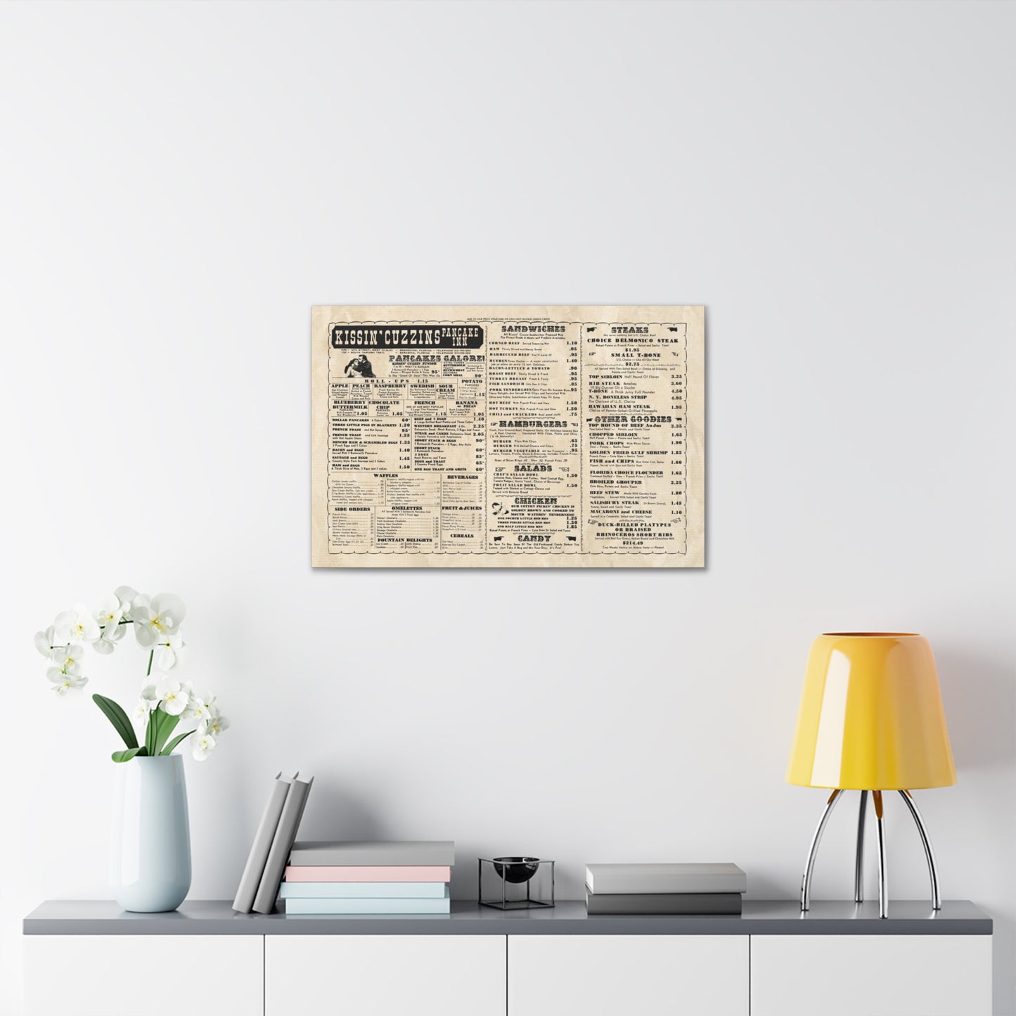 Kissin' Cuzzins Pancake Inn - Vintage Menu on Canvas