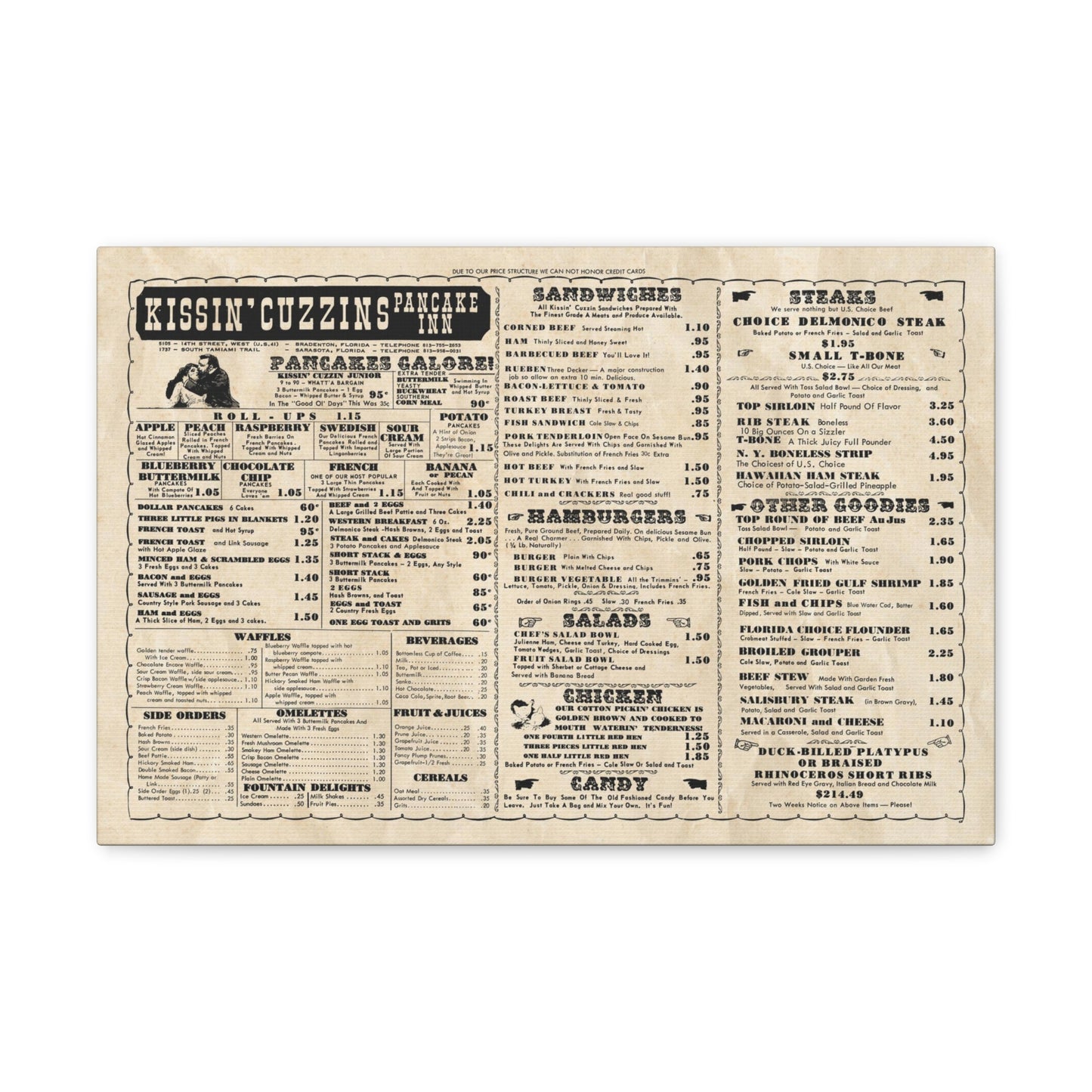 Kissin' Cuzzins Pancake Inn - Vintage Menu on Canvas