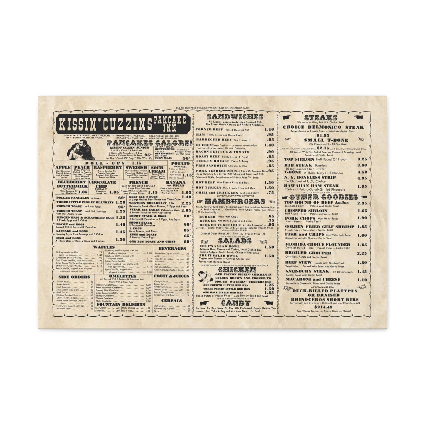 Kissin' Cuzzins Pancake Inn - Vintage Menu on Canvas