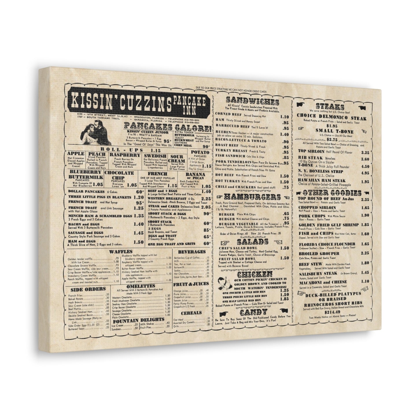 Kissin' Cuzzins Pancake Inn - Vintage Menu on Canvas