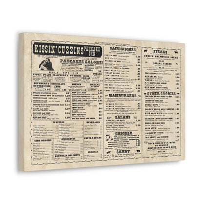 Kissin' Cuzzins Pancake Inn - Vintage Menu on Canvas